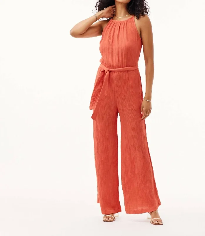 women's glam jumpsuitsSmocked Back Cami Jumpsuit In Papaya Red