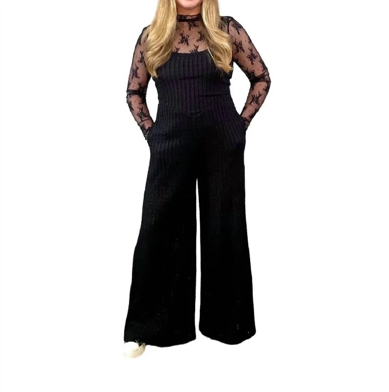 women's jumpsuits made of denimTextured Lace Wide Leg Jumpsuit In Black