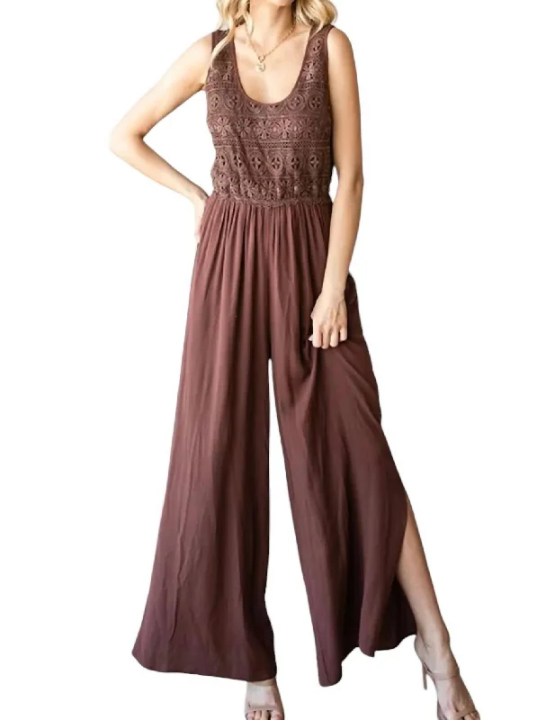 women's jumpsuits made of cottonTie Back Sleeveless Slit Wide Leg Jumpsuit In Brown