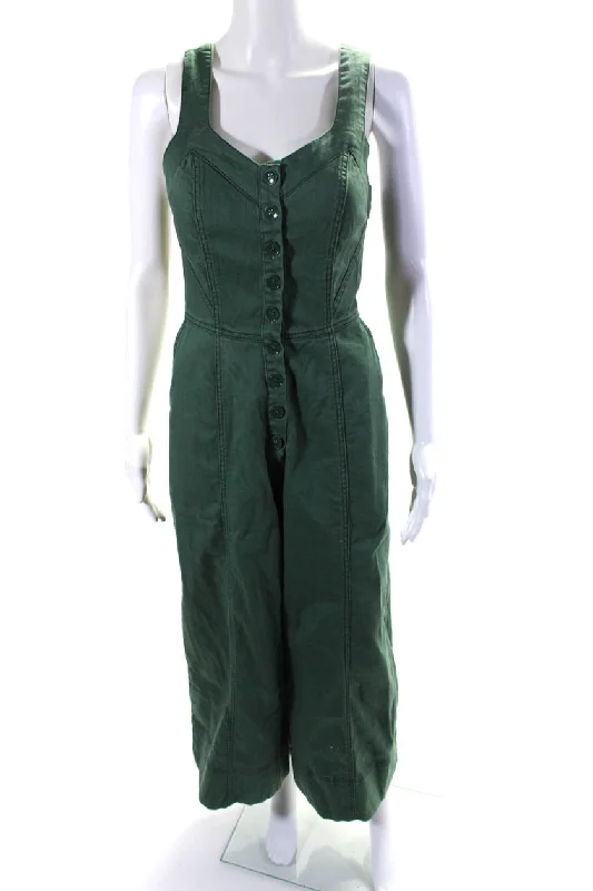 women's jumpsuits with checkered designsUlla Johnson Womens Button Back Square Neck Flare Leg Jumpsuit Green