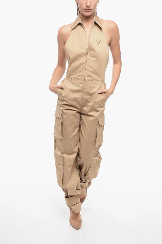 women's jumpsuits for fair-trade practicesValentino Open-Back Cargo Jumpsuit With Applicated Logo