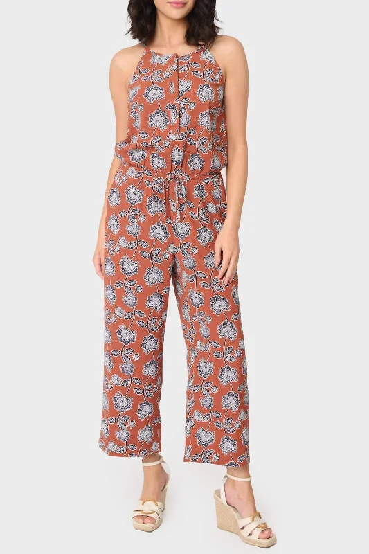 women's jumpsuits for maximalist fashionVilla Mia Henley Jumpsuit In Toasted Cinnamon Poppy Print