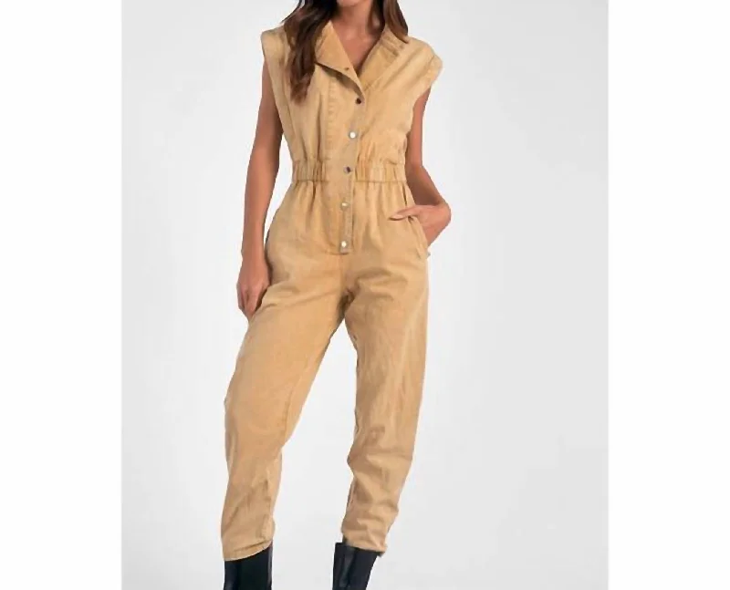 women's jumpsuits for curve-hugging stylesWash Jean Jumpsuit In Beige