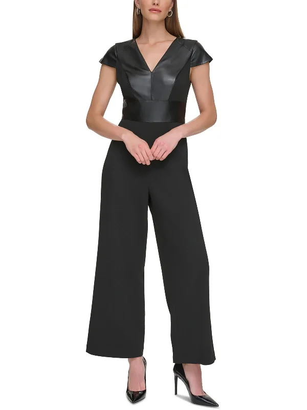 women's jumpsuits for hourglass figuresWomens Cap Sleeve Mixed Media Jumpsuit