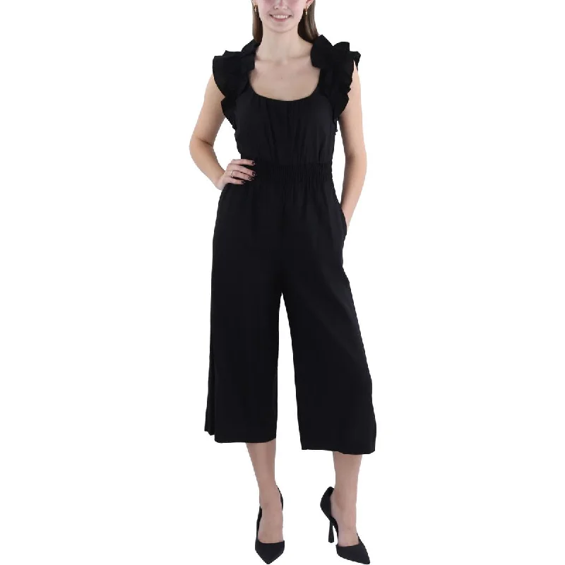 women's jumpsuits with solid colorsWomens Linen Ruffled Jumpsuit