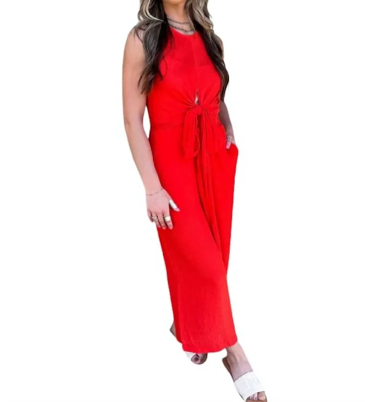 women's jumpsuits for fair-trade practicesWoven Wrap Jumpsuit In Red