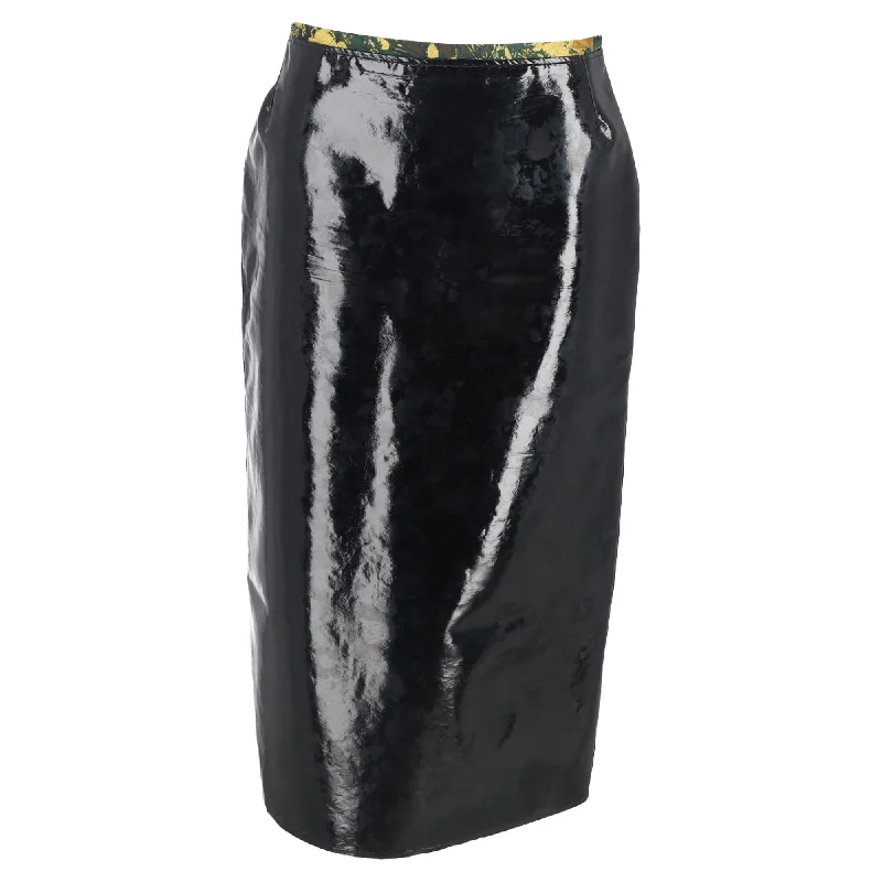 women's button-down high-slit skirts for weddingsDries Van Noten Printed Waistband Detail Midi Skirt in Black Faux Leather