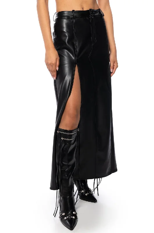 women's mini skirtsLEVEL UP MAXI FAUX LEATHER SKIRT WITH FRONT SLITS