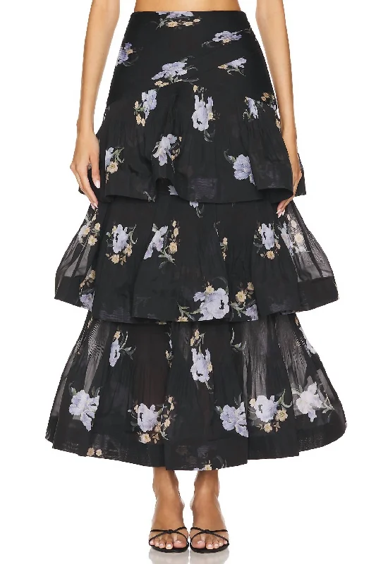 women's velvet wrap skirts for elegant eveningsPleated Tiered Skirt In Black Iris Floral