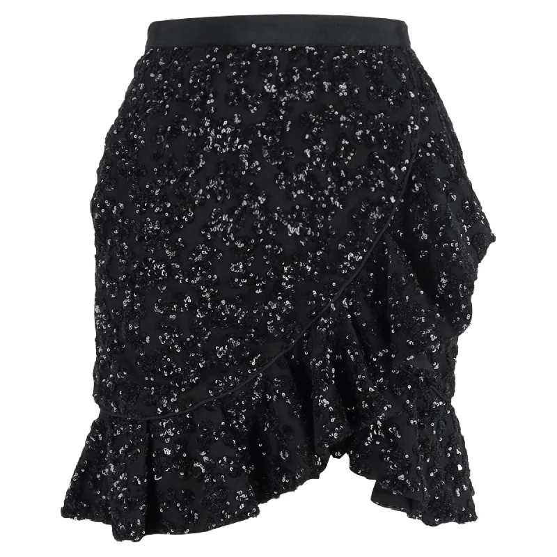 women's striped tulip skirtsSelf-Portrait Sequined Mini Ruffled Skirt in Black Polyester