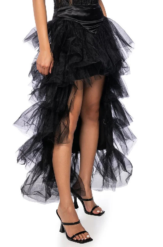 women's floral pleated skirtsTHE AWARD SHOW TULLE HIGH LOW SKIRT IN BLACK