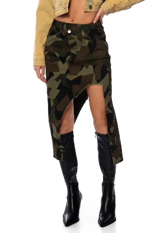 women's zip-front midi skirts for eventsWILDER CAMO CUT OUT MIDI SKIRT